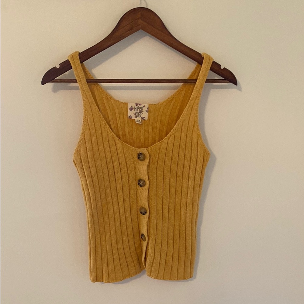 Yellow Ribbed Button-Up Tank Top